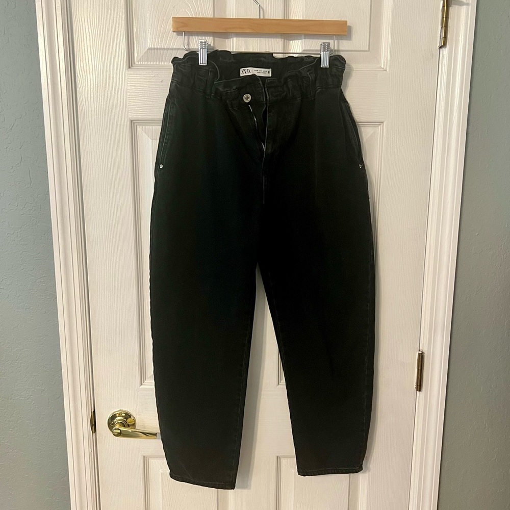 ZARA Baggy Slouchy Fit Paperbag Jeans High Waist Cropped Ankle Faded Size 6